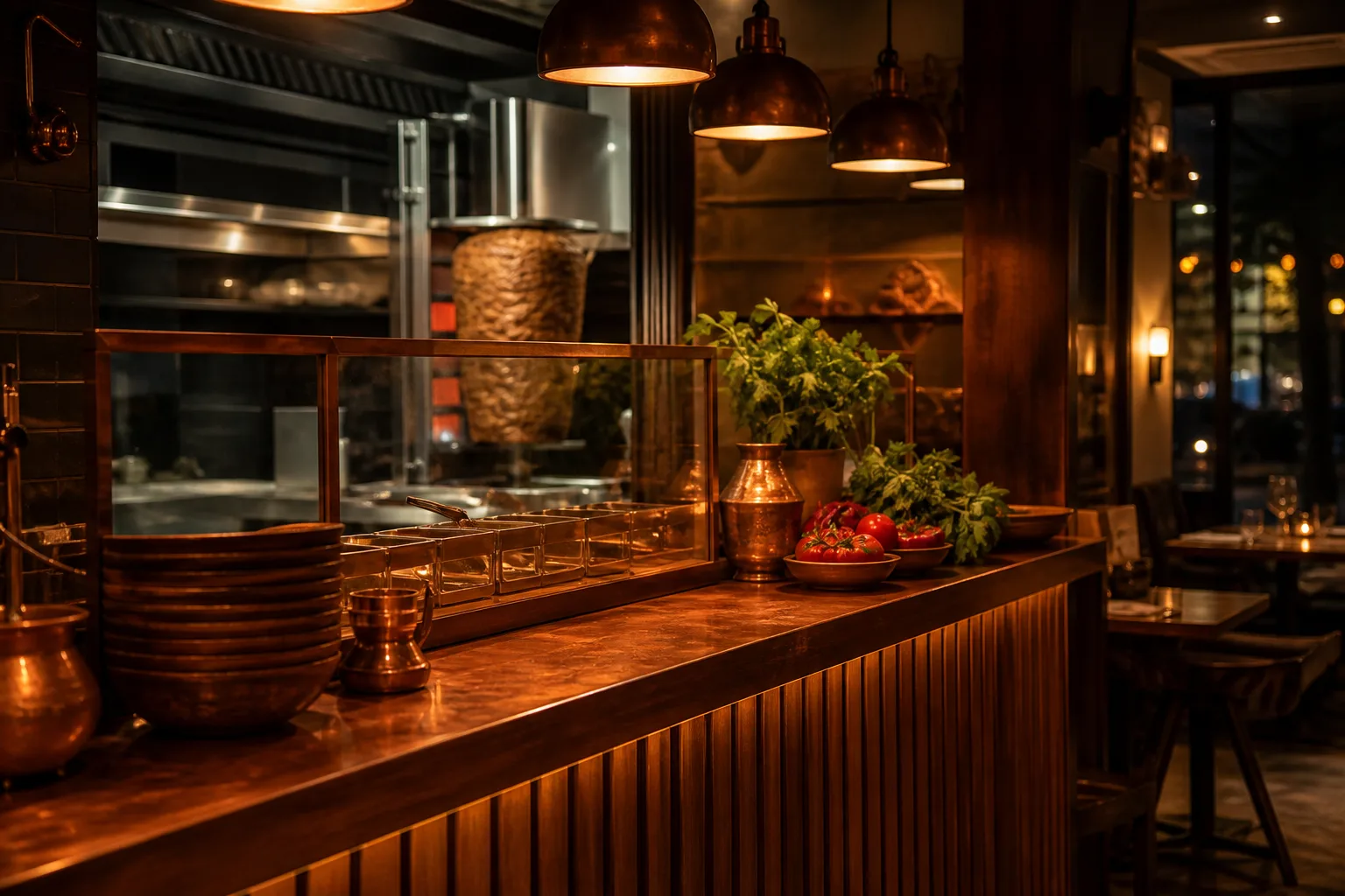 Warmes Restaurant-Ambiente mit Holz und Kupfer